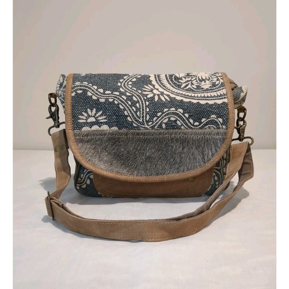 Myra Bag Midnight Blue Upcycled Canvas & Cowhide Messenger Bag Shoulder Bag